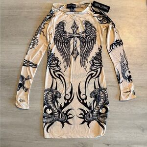 Ed Hardy Beige and Black Graphic Dress